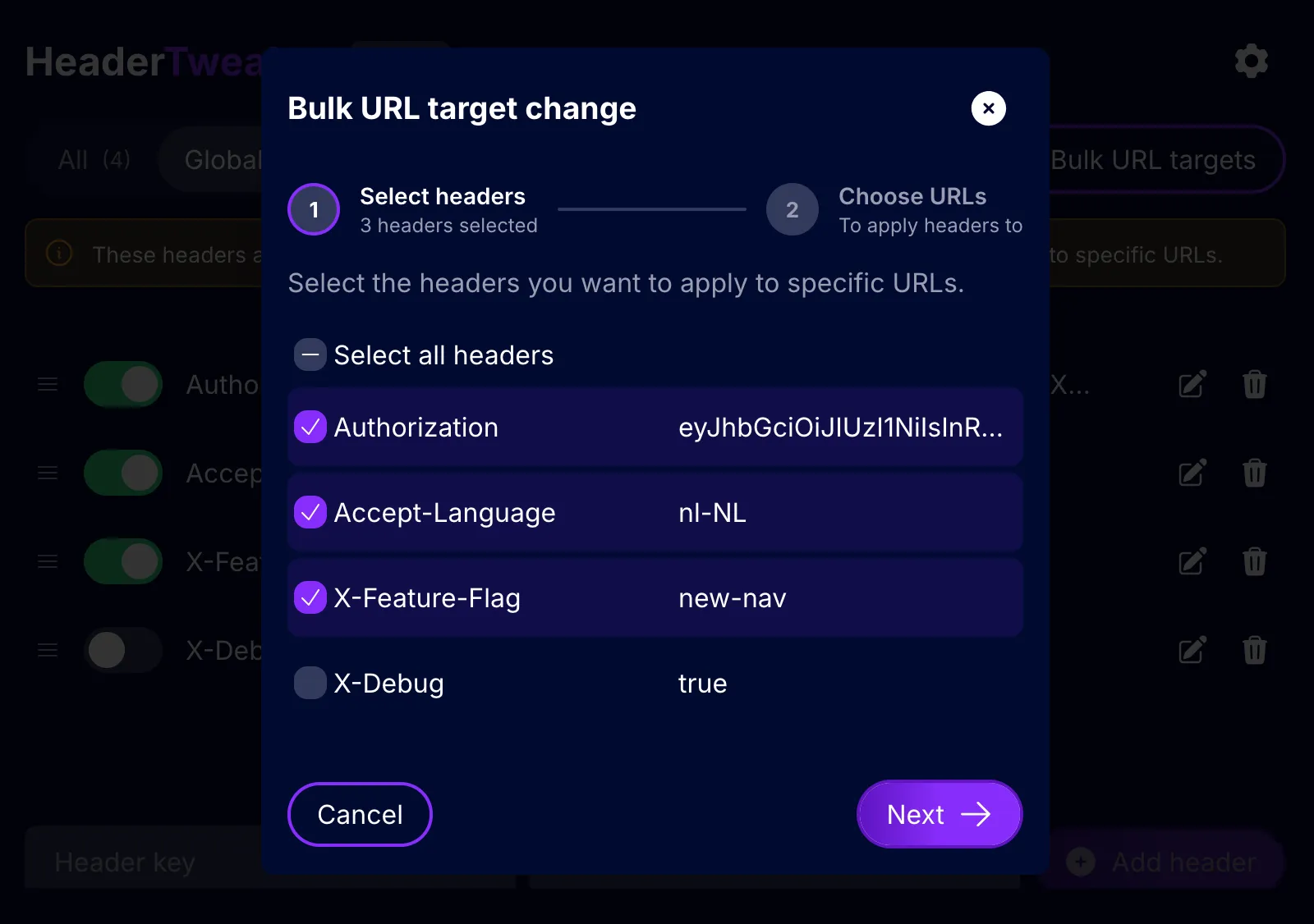 The Bulk URL target change dialog, step 1: three of four headers selected