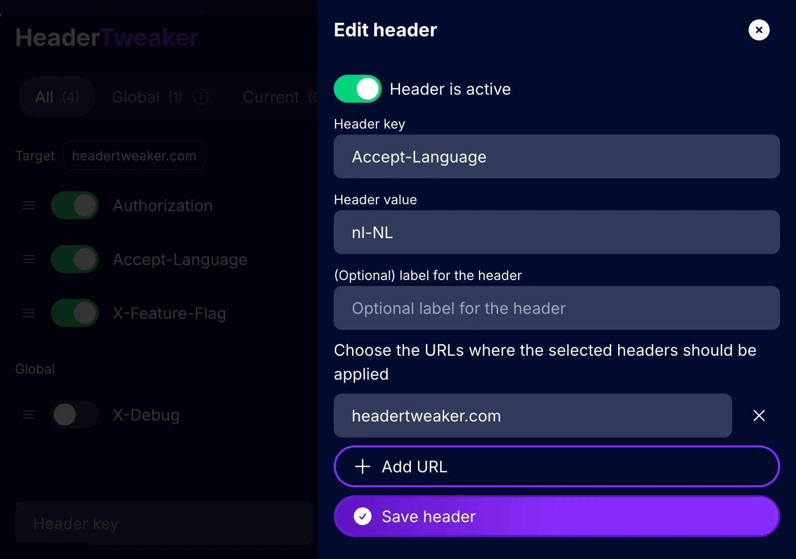 The Edit header panel with key, value, optional label and a list of target URLs