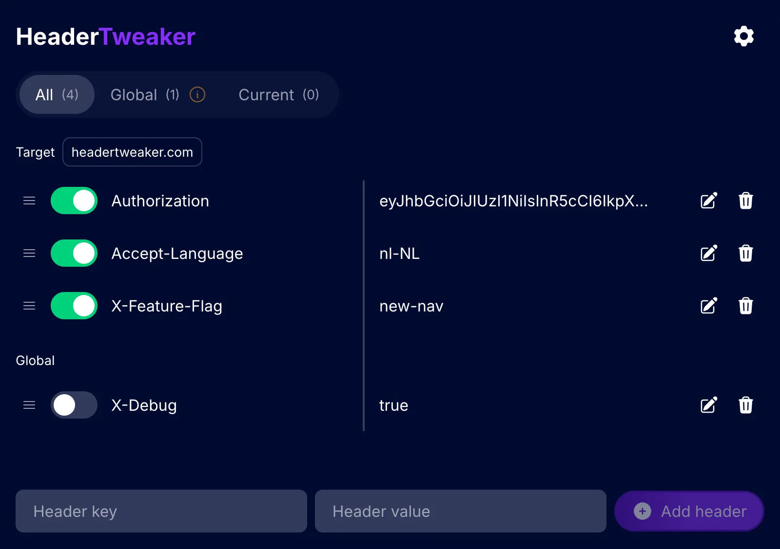 The HeaderTweaker popup: three headers targeted to headertweaker.com and a global X-Debug header, each with an on/off toggle