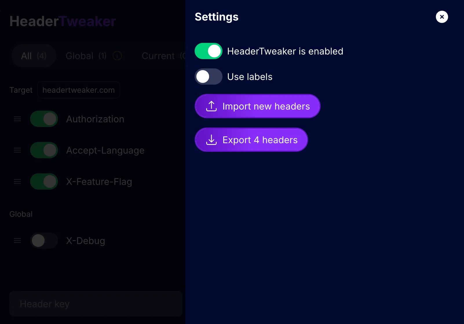 The Settings panel with the master switch, a Use labels toggle and Import and Export buttons
